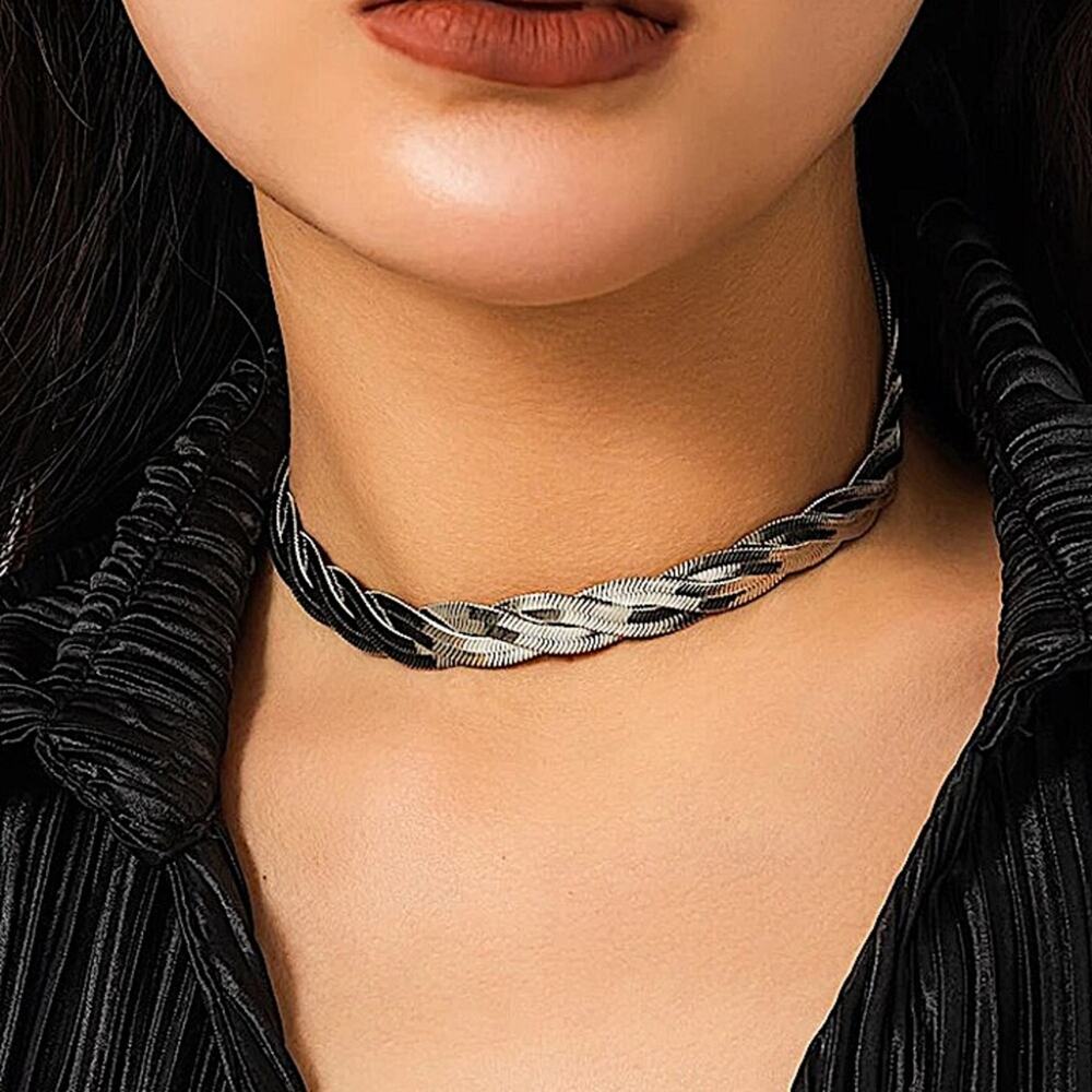 Twisted Sterling Silver Herringbone Choker Necklace